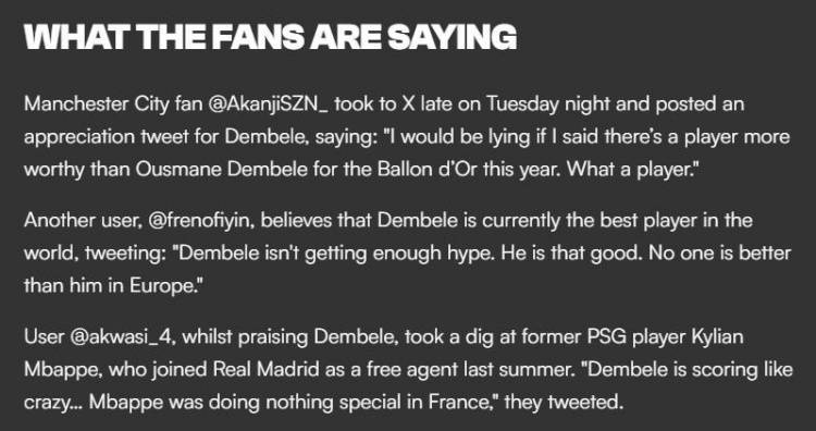 外网球迷怒赞登贝莱：金球非他莫属！姆巴佩在法国也就那么回事